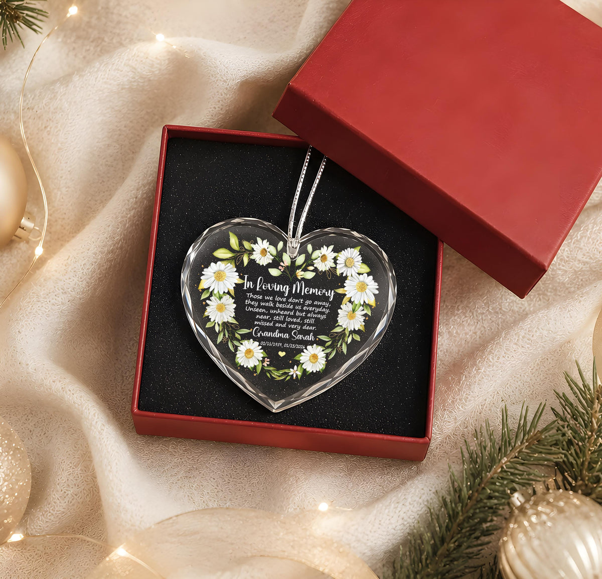 Custom Name & Date In Loving Memory Glass Ornament, Daisy Flower Memorial Heart Keepsake