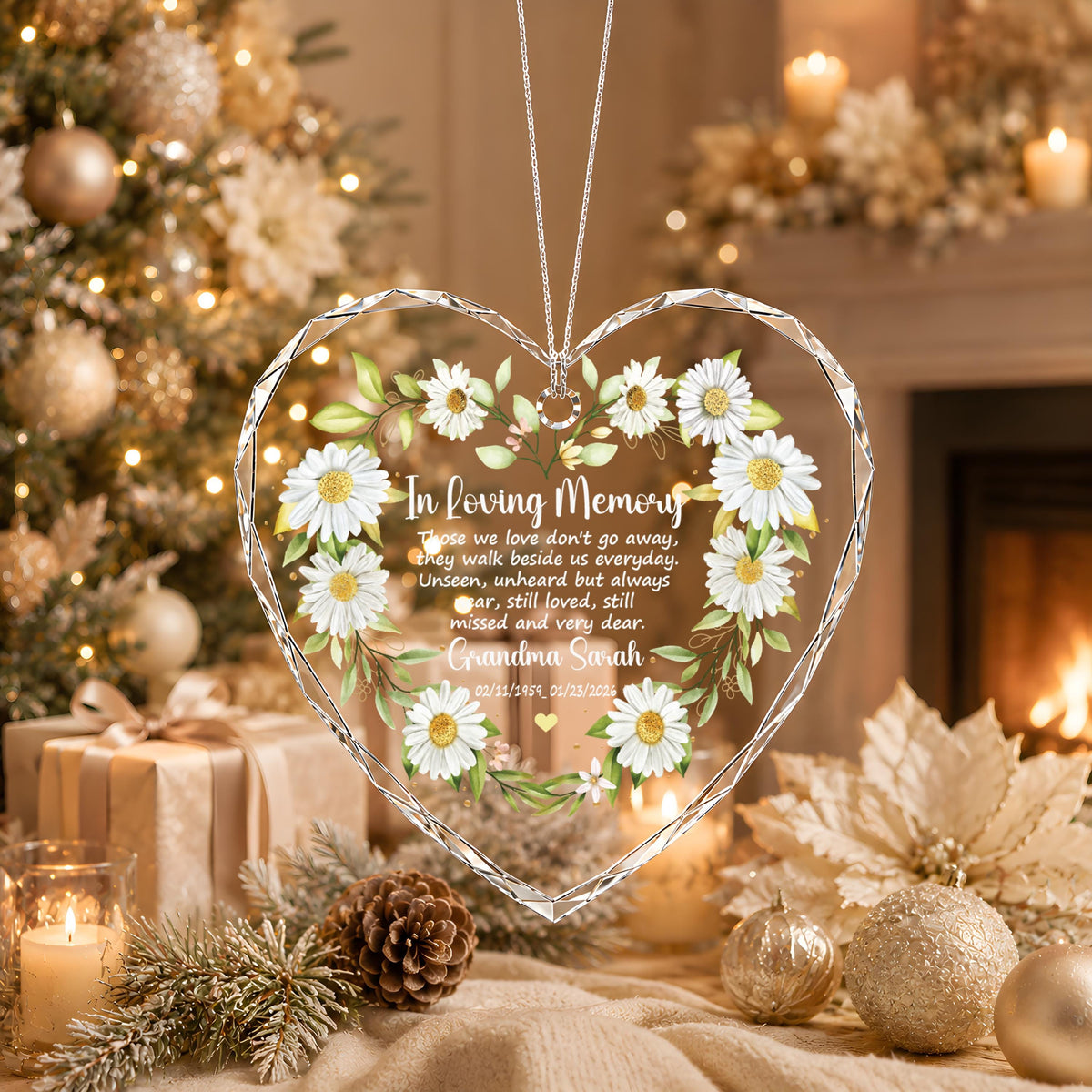 Custom Name & Date In Loving Memory Glass Ornament, Daisy Flower Memorial Heart Keepsake