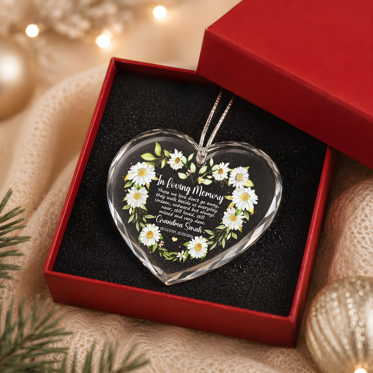 Custom Name & Date In Loving Memory Glass Ornament, Daisy Flower Memorial Heart Keepsake