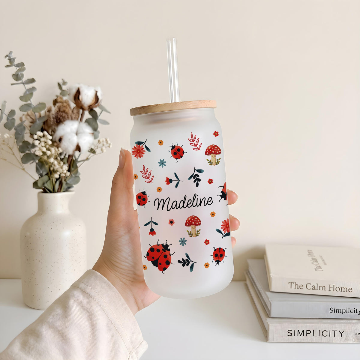 Custom Name Ladybug Design Can Glass Cup, Flower & Mushroom Pattern Iced Coffee Cup