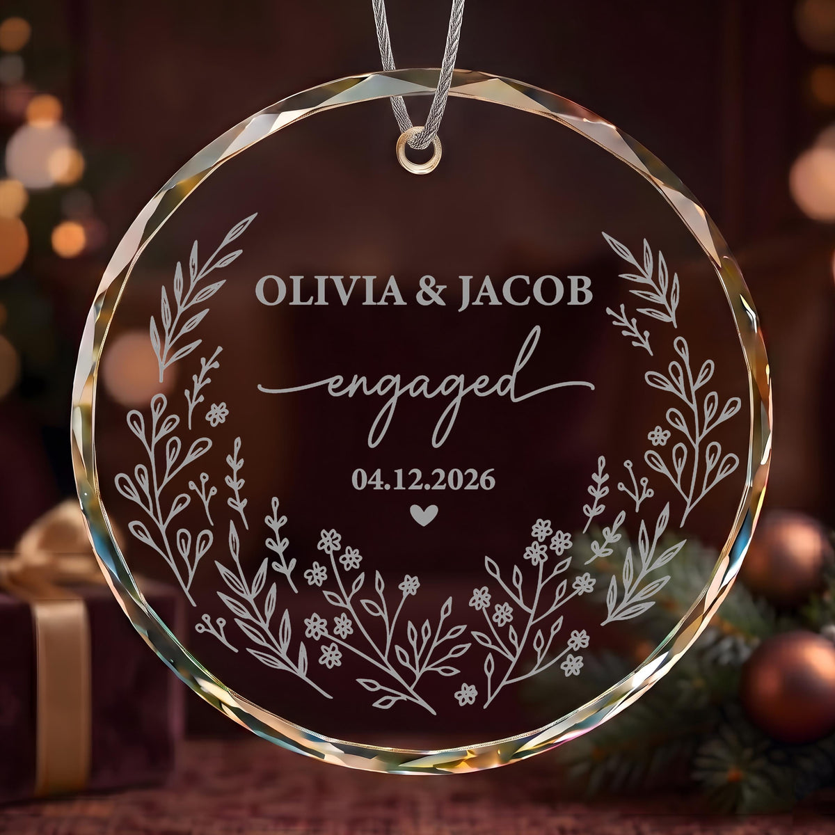 Personalized Engraved Engagement Keepsake, Custom Name & Date Engaged Round Ornament