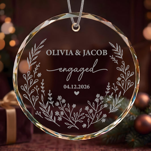 Personalized Engraved Engagement Keepsake, Custom Name & Date Engaged Round Ornament
