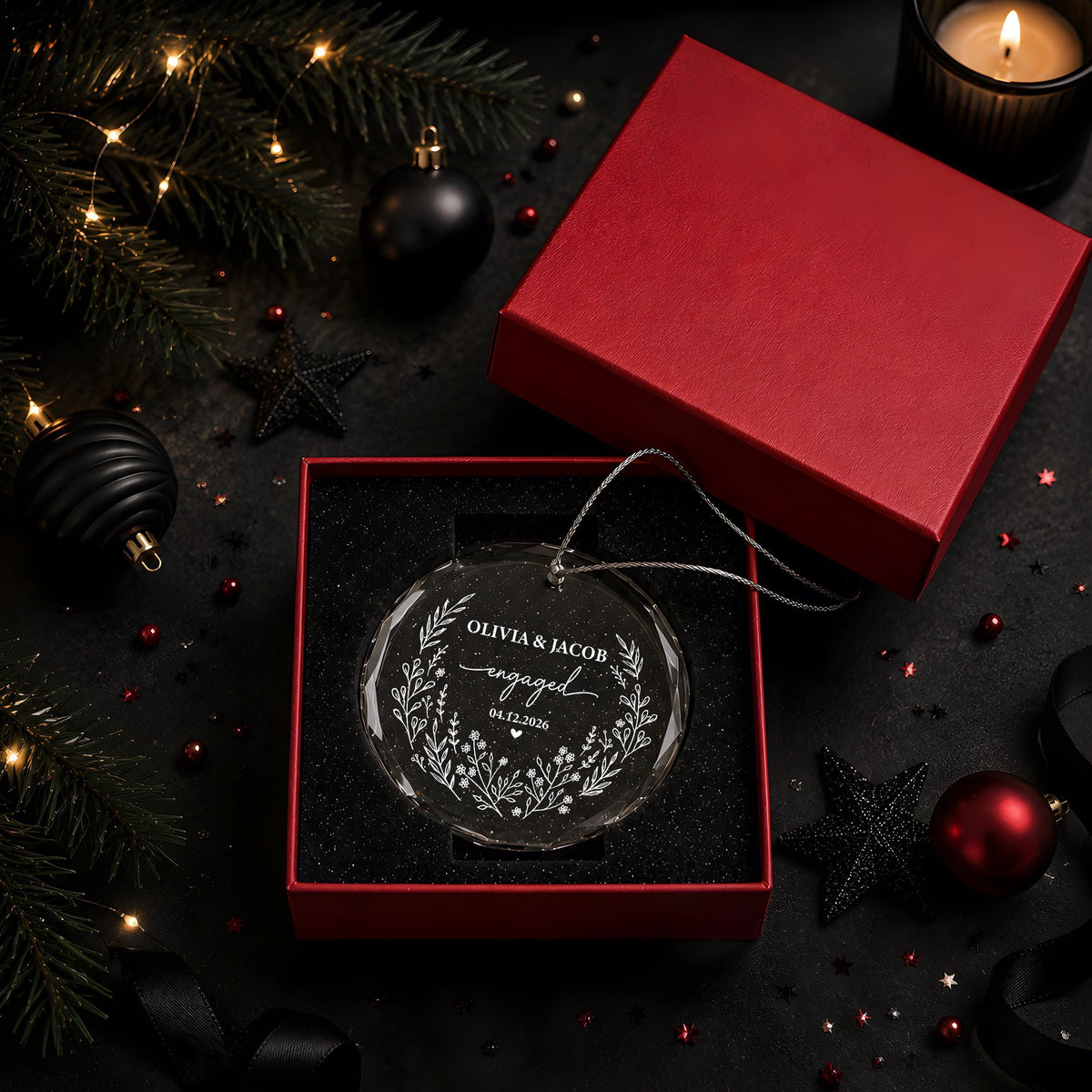 Personalized Engraved Engagement Keepsake, Custom Name & Date Engaged Round Ornament