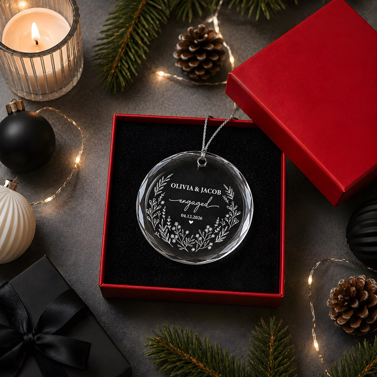 Personalized Engraved Engagement Keepsake, Custom Name & Date Engaged Round Ornament
