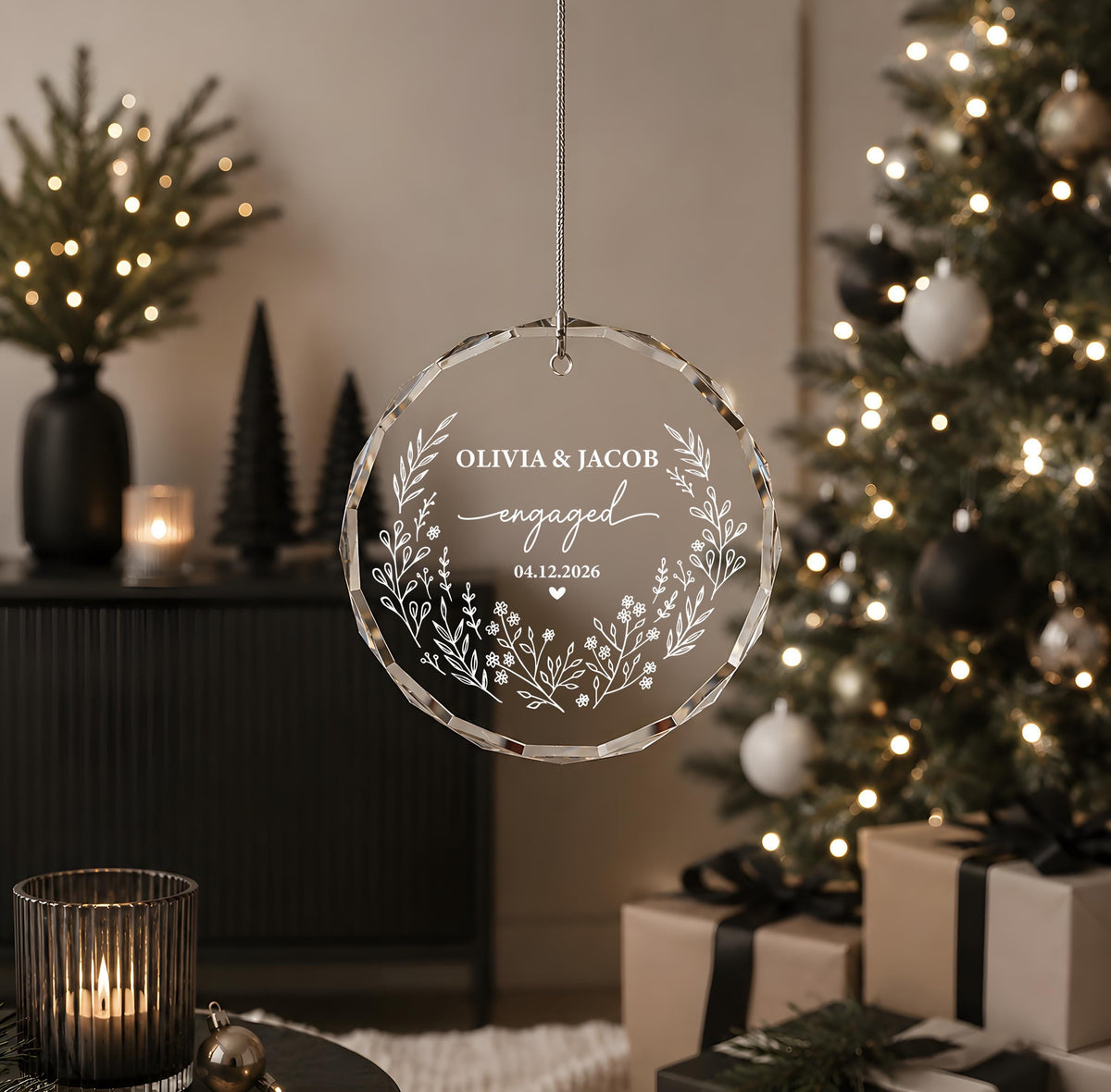 Personalized Engraved Engagement Keepsake, Custom Name & Date Engaged Round Ornament