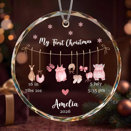 Personalized New Born Baby Birth Stats Ornament, Custom My First Christmas Glass Keepsake