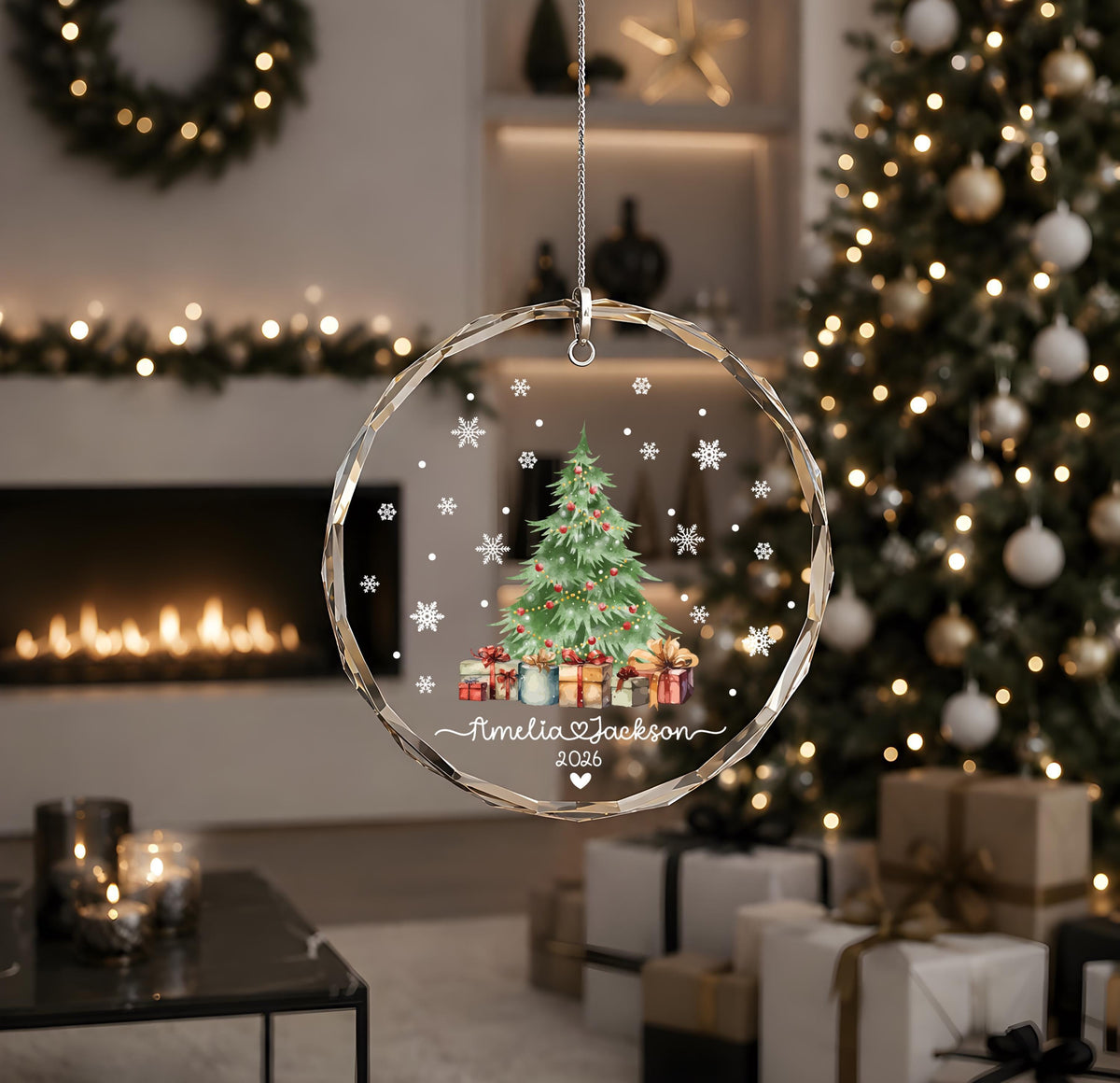 Custom Name Couple Holiday Glass Ornament, Christmas Tree Design Hanging Keepsake