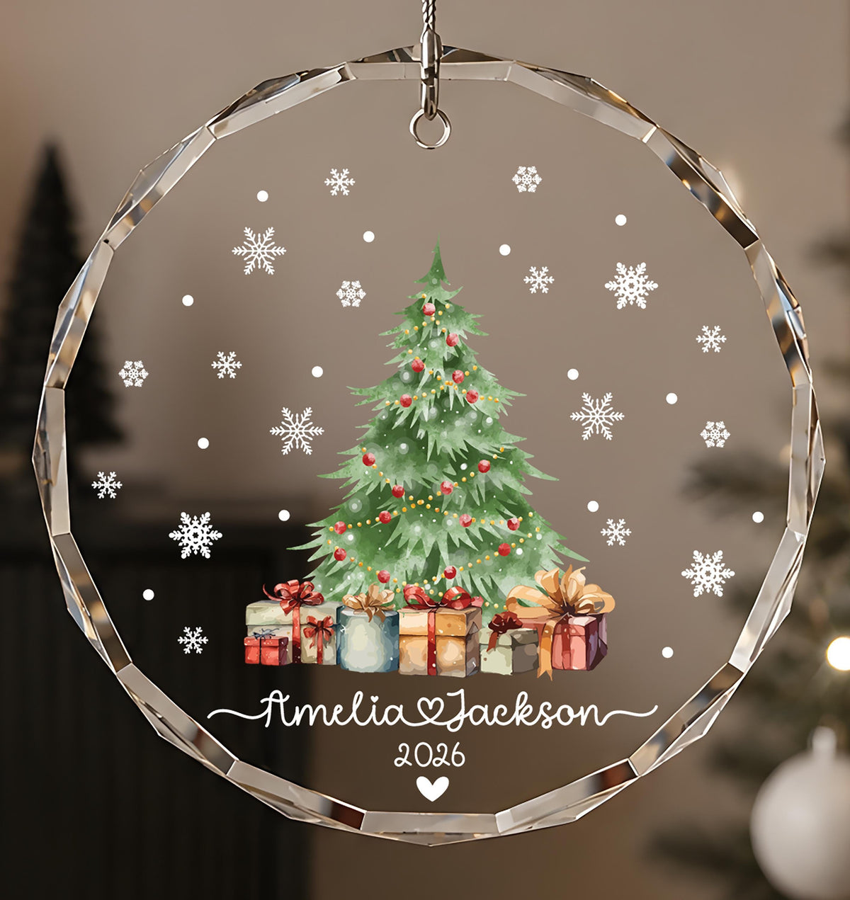 Custom Name Couple Holiday Glass Ornament, Christmas Tree Design Hanging Keepsake