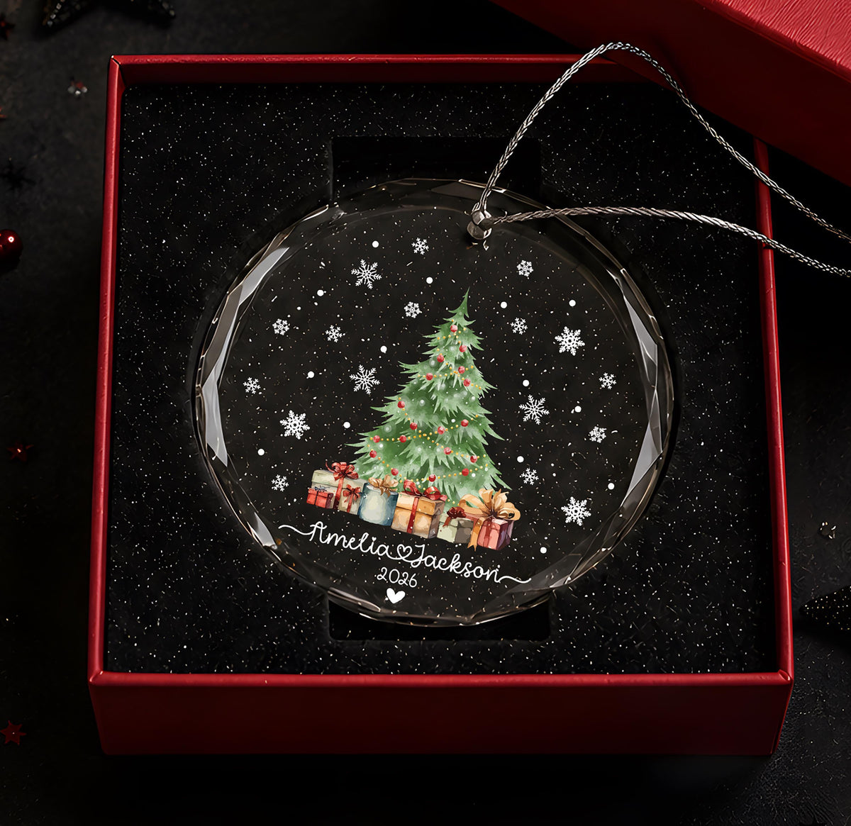 Custom Name Couple Holiday Glass Ornament, Christmas Tree Design Hanging Keepsake