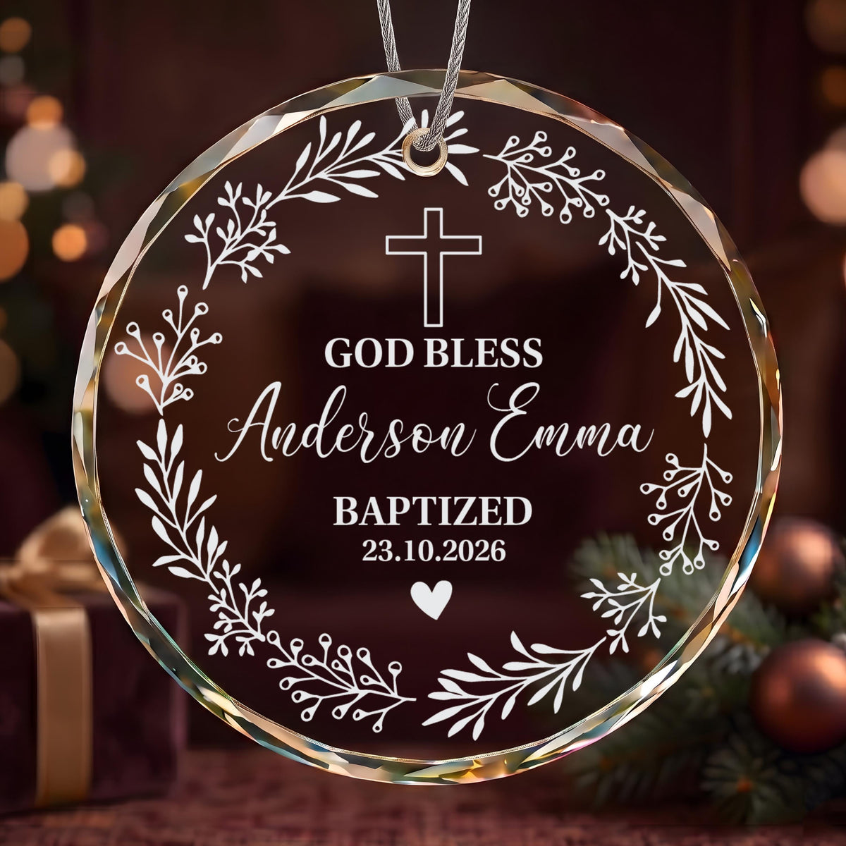 Personalized Engraved Aesthetic Baptism Ornament, Crystal Glass God Bless Bauble