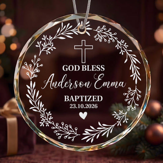 Personalized Engraved Aesthetic Baptism Ornament, Crystal Glass God Bless Bauble