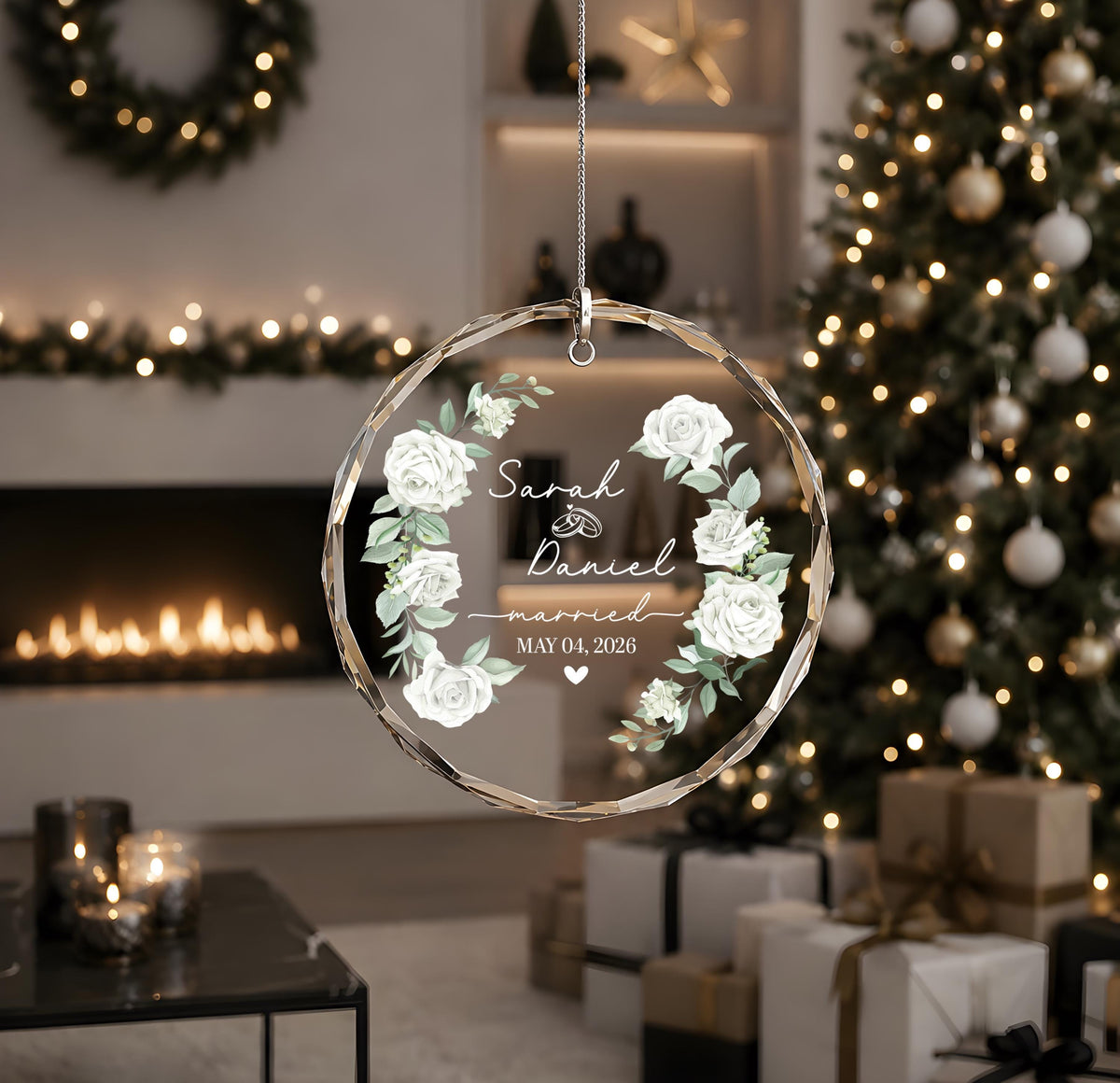 Custom White Rose Design Newlywed Glass Ornament, Personalized Floral Married Keepsake