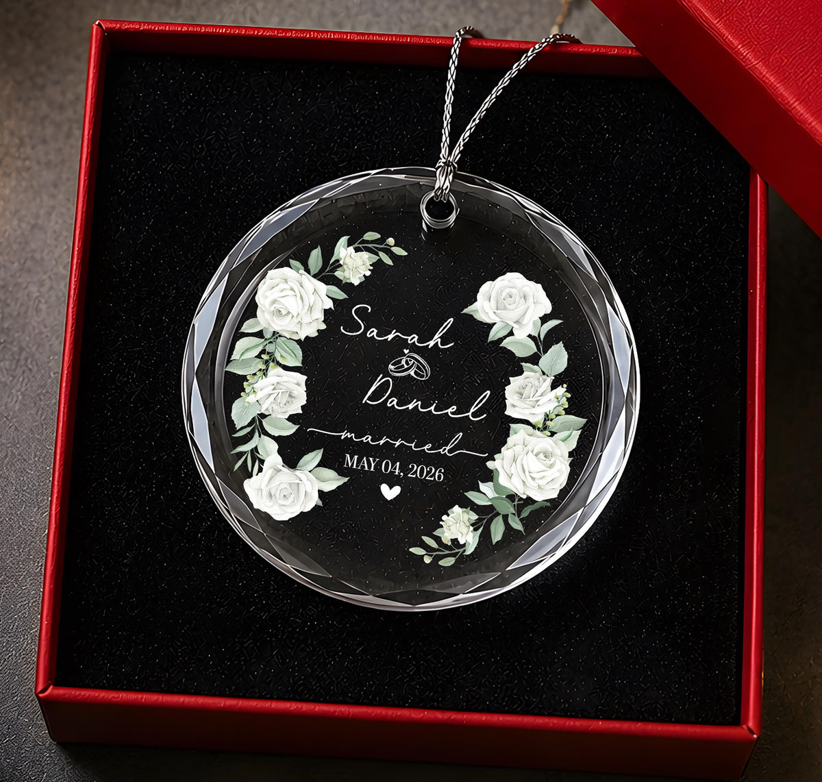 Custom White Rose Design Newlywed Glass Ornament, Personalized Floral Married Keepsake