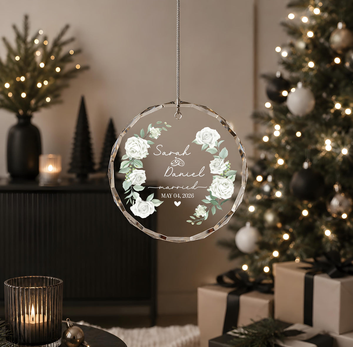 Custom White Rose Design Newlywed Glass Ornament, Personalized Floral Married Keepsake
