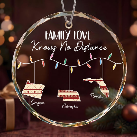 Personalized Family Love Knows No Distance Glass Ornament