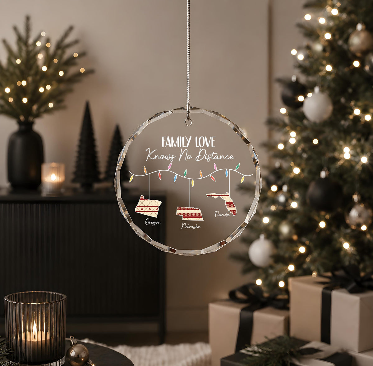 Personalized Family Love Knows No Distance Glass Ornament