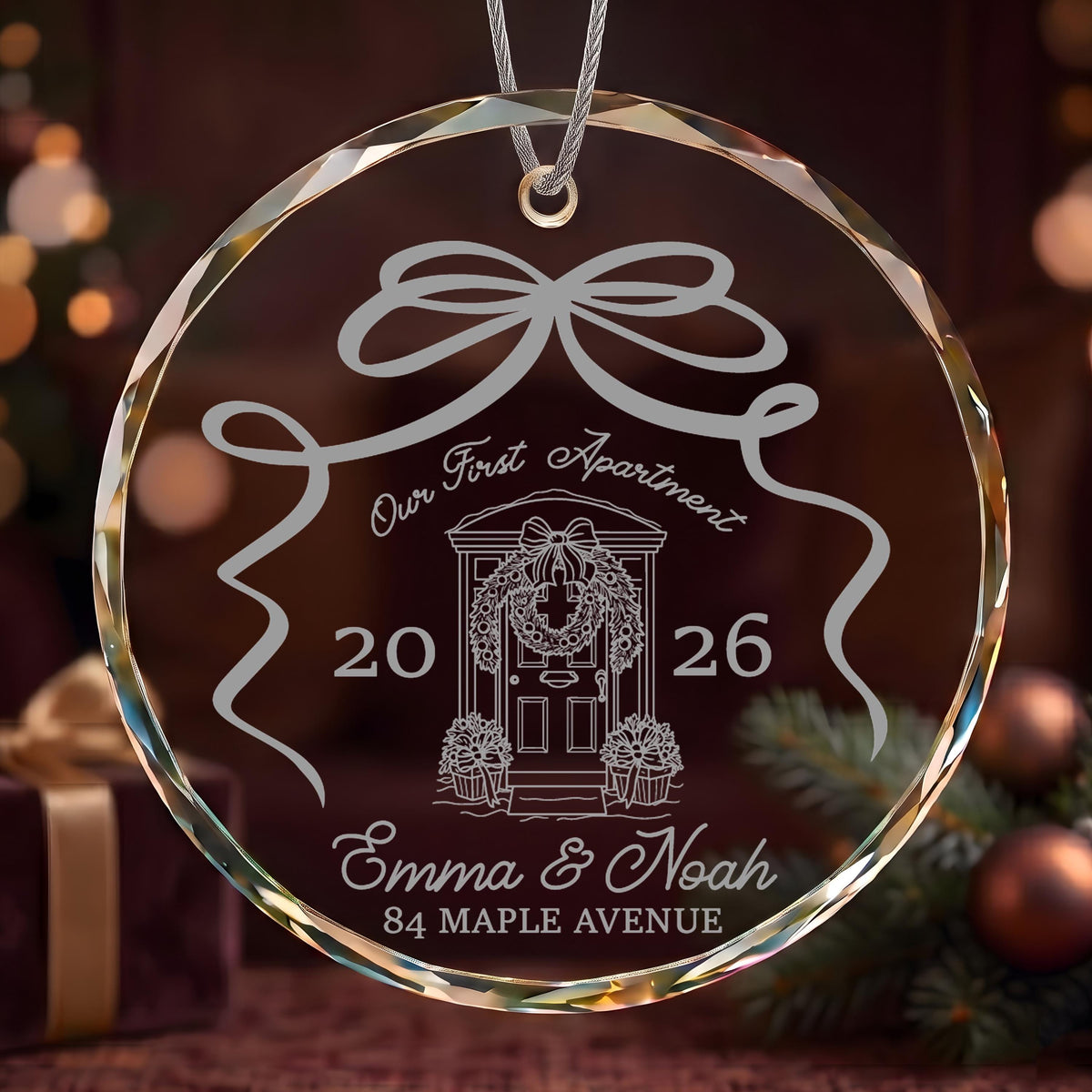 Custom Our First Apartment Glass Ornament, Cute Engraved Housewarming Couple Keepsake
