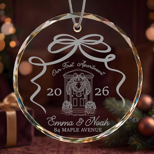 Custom Our First Apartment Glass Ornament, Cute Engraved Housewarming Couple Keepsake