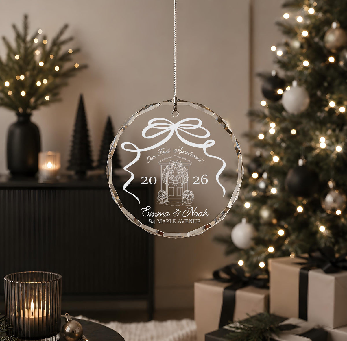 Custom Our First Apartment Glass Ornament, Cute Engraved Housewarming Couple Keepsake