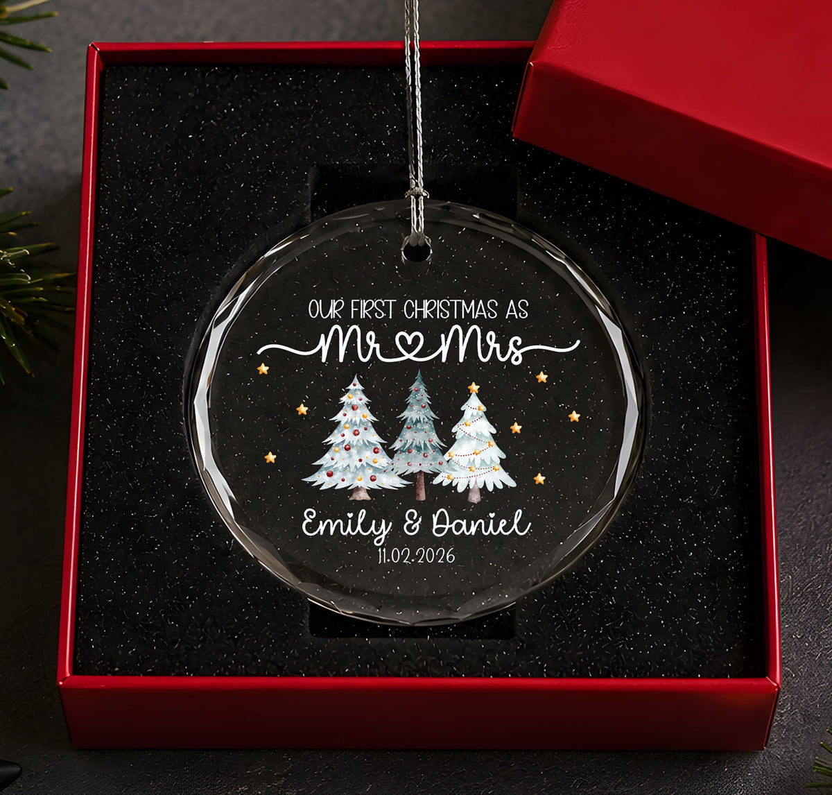 Personalized First Christmas Married Ornament, Custom Mr & Mrs Holiday Round Keepsake