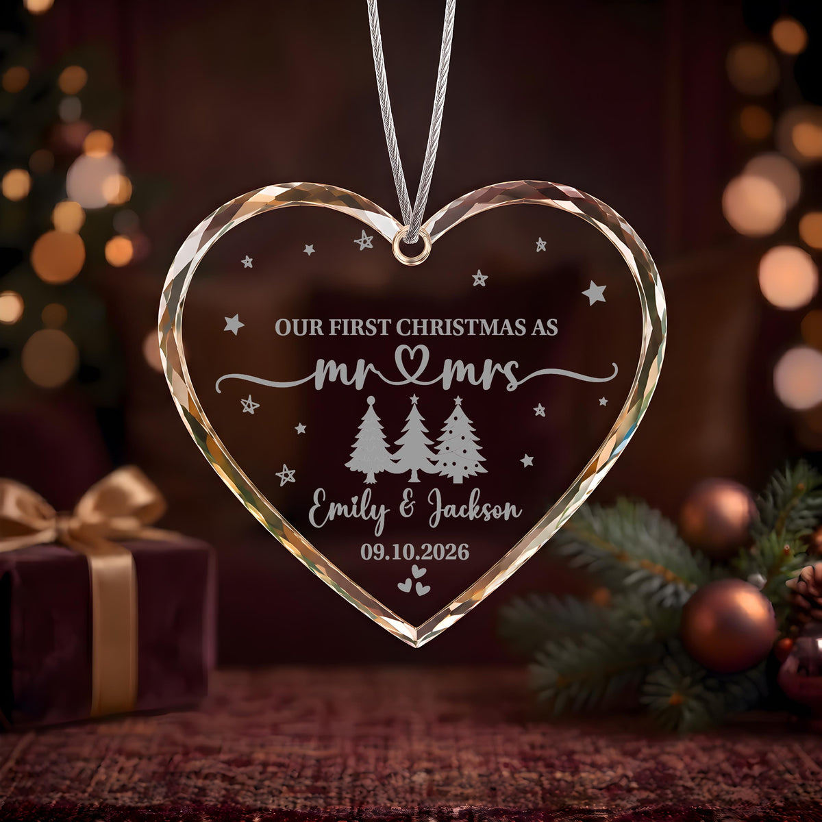 Custom Our First Christmas as Mr & Mrs Engraved Heart Keepsake Ceramic Ornament