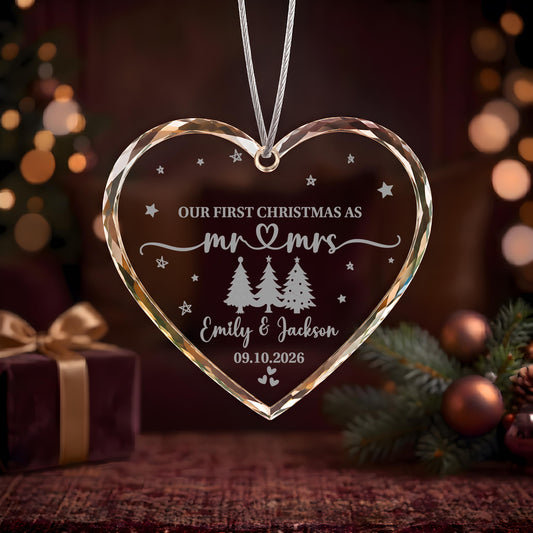 Custom Our First Christmas as Mr & Mrs Engraved Heart Keepsake Ceramic Ornament