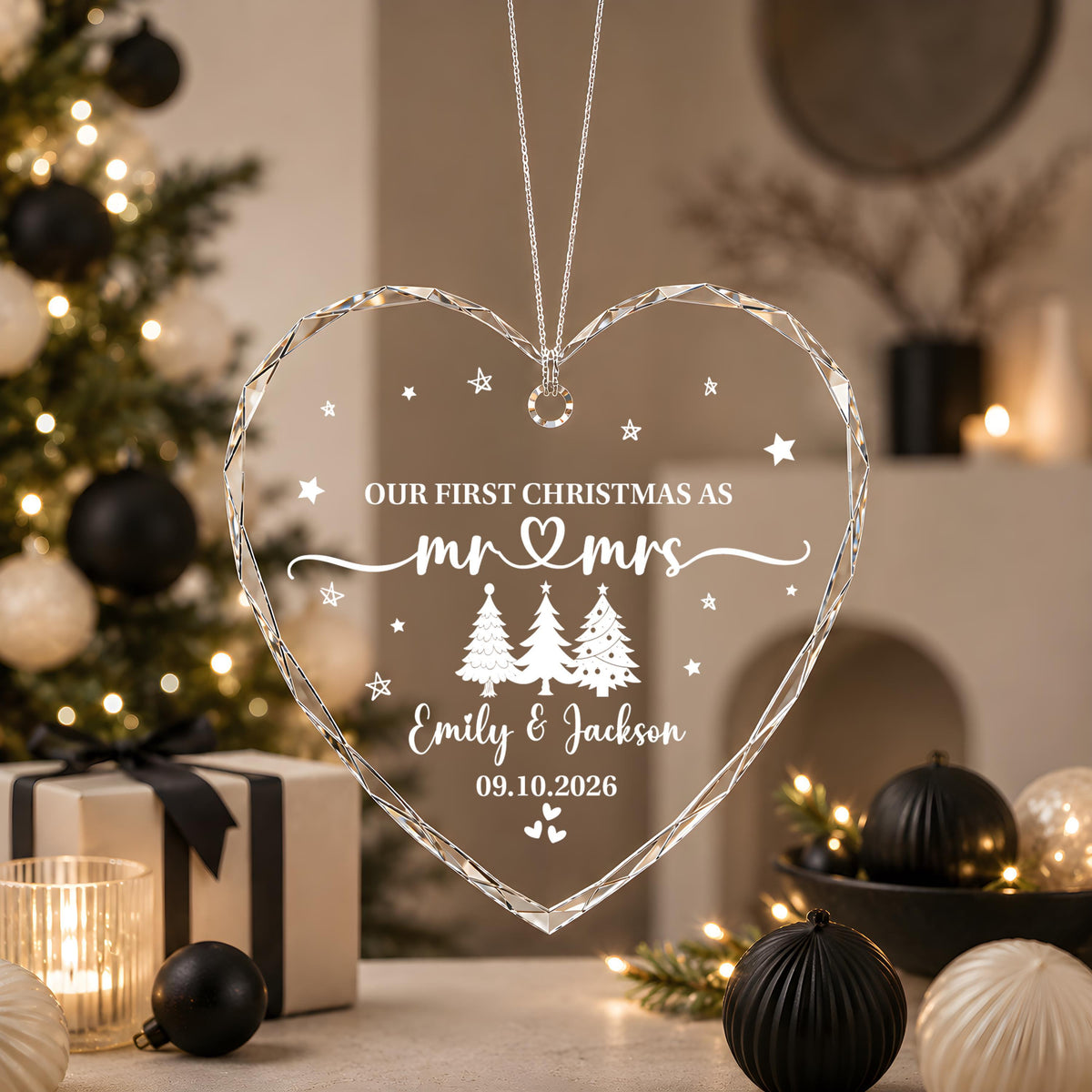 Custom Our First Christmas as Mr & Mrs Engraved Heart Keepsake Ceramic Ornament