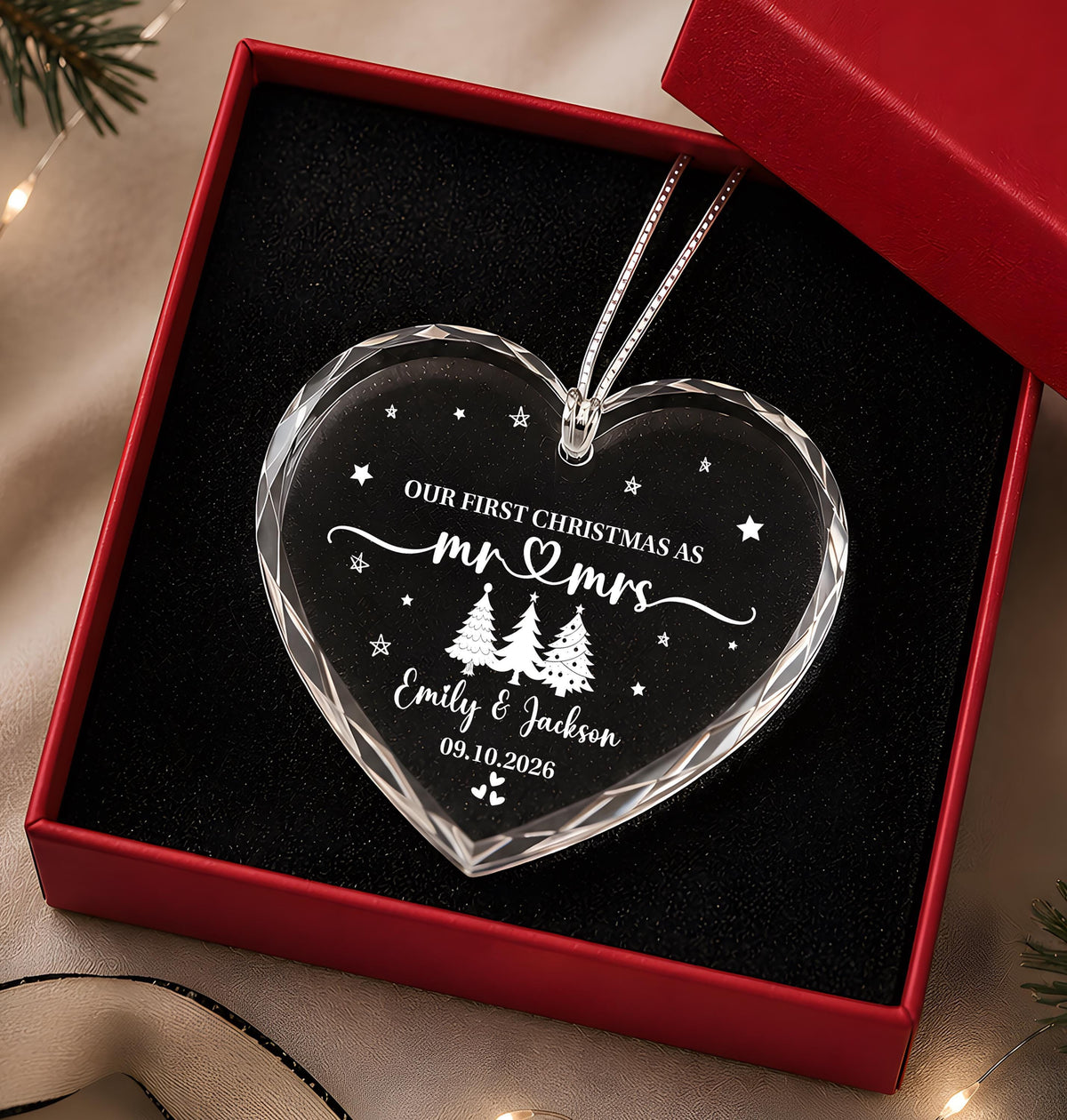 Custom Our First Christmas as Mr & Mrs Engraved Heart Keepsake Ceramic Ornament