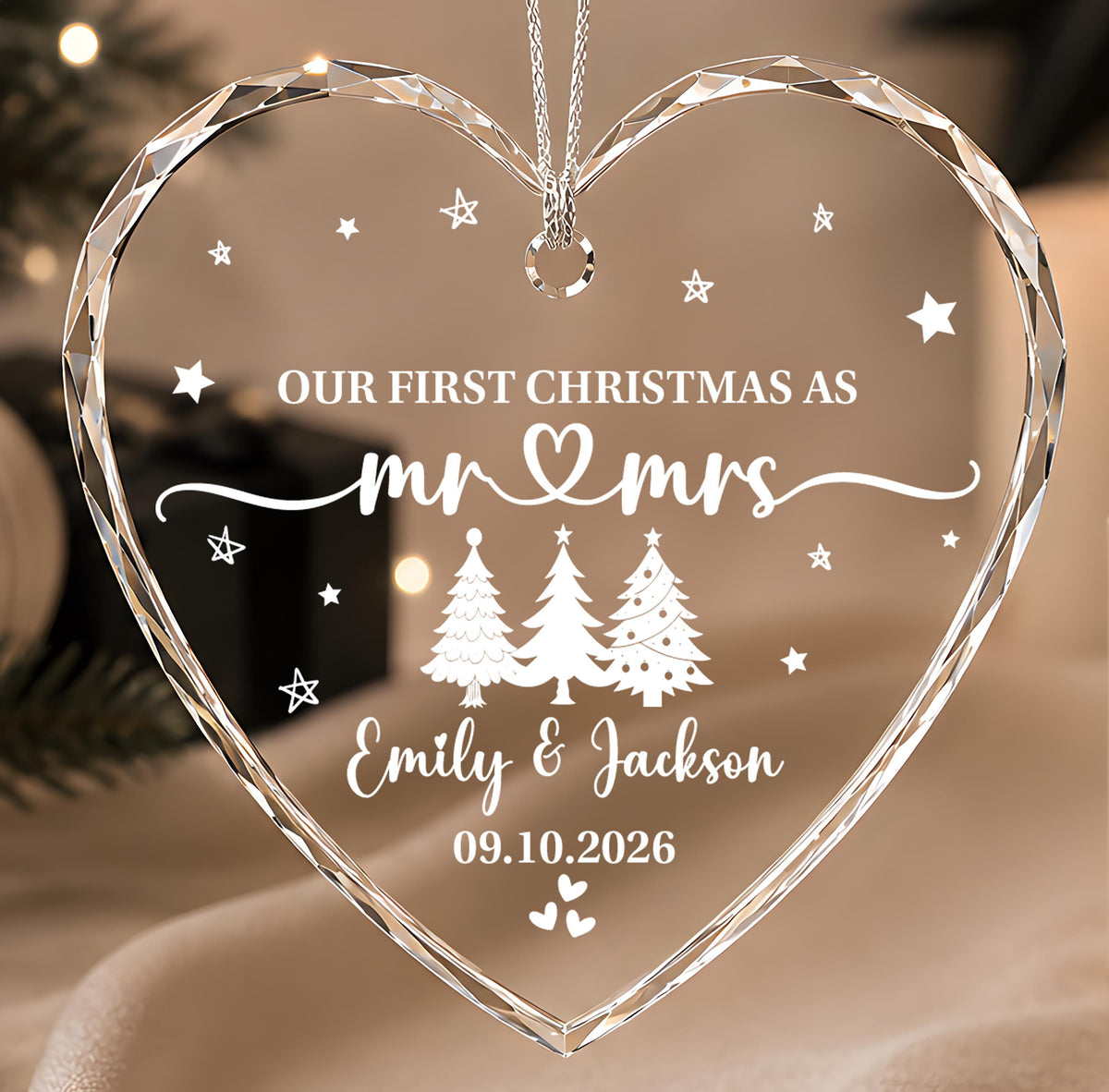 Custom Our First Christmas as Mr & Mrs Engraved Heart Keepsake Ceramic Ornament