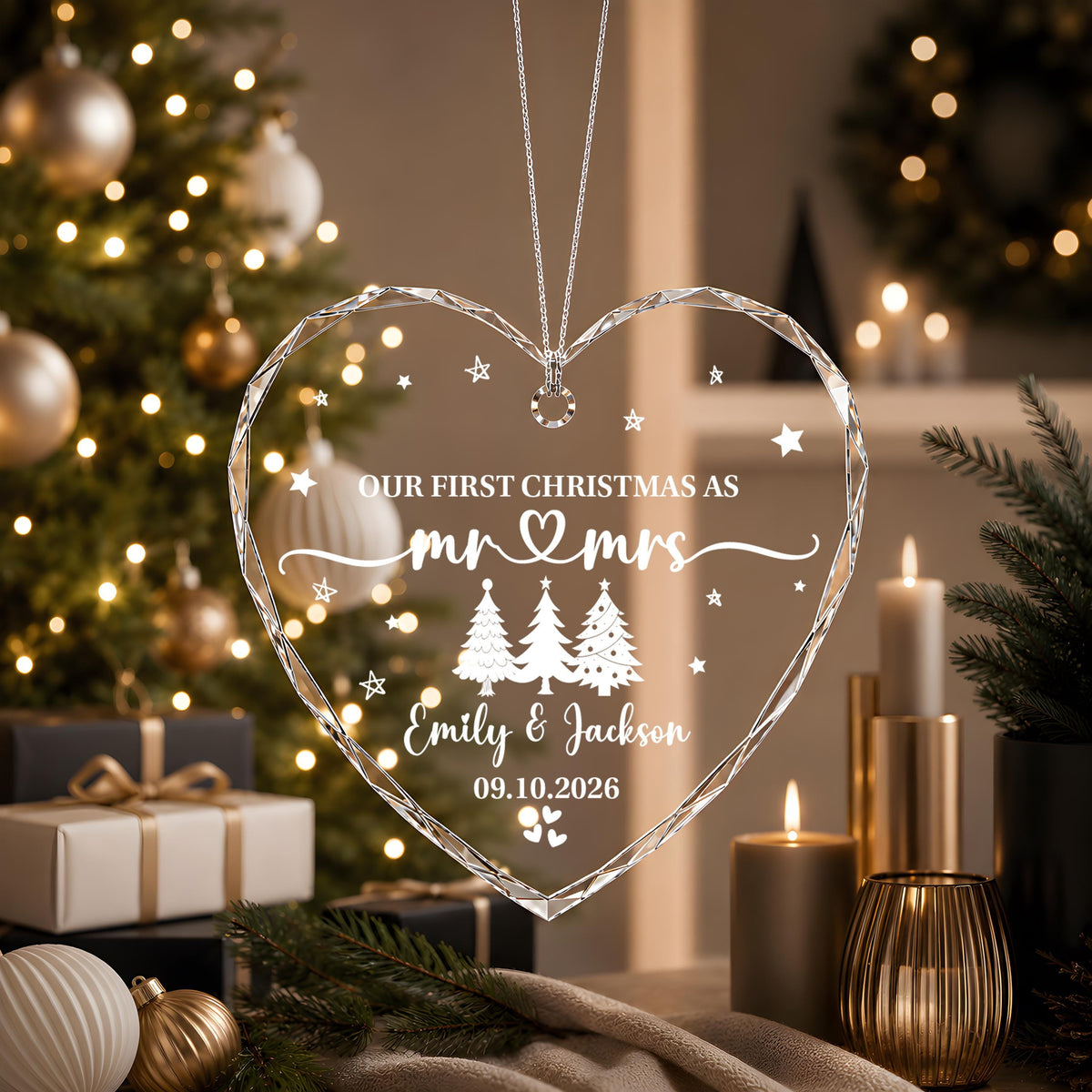 Custom Our First Christmas as Mr & Mrs Engraved Heart Keepsake Ceramic Ornament