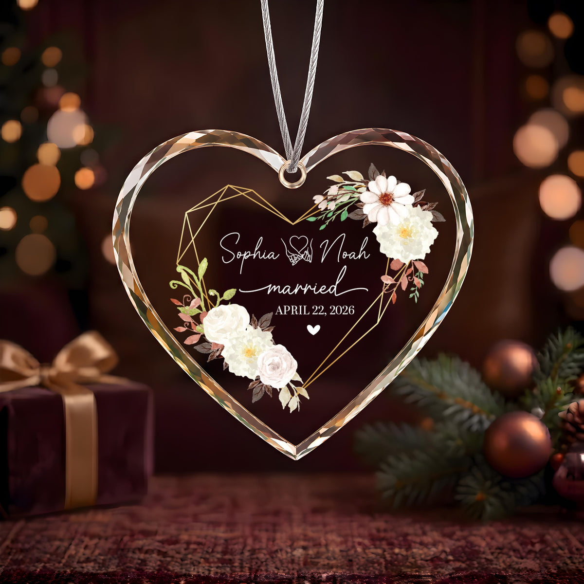 Personalized Floral Geometric Married Ornament, Custom Name Romantic Heart Glass Keepsake