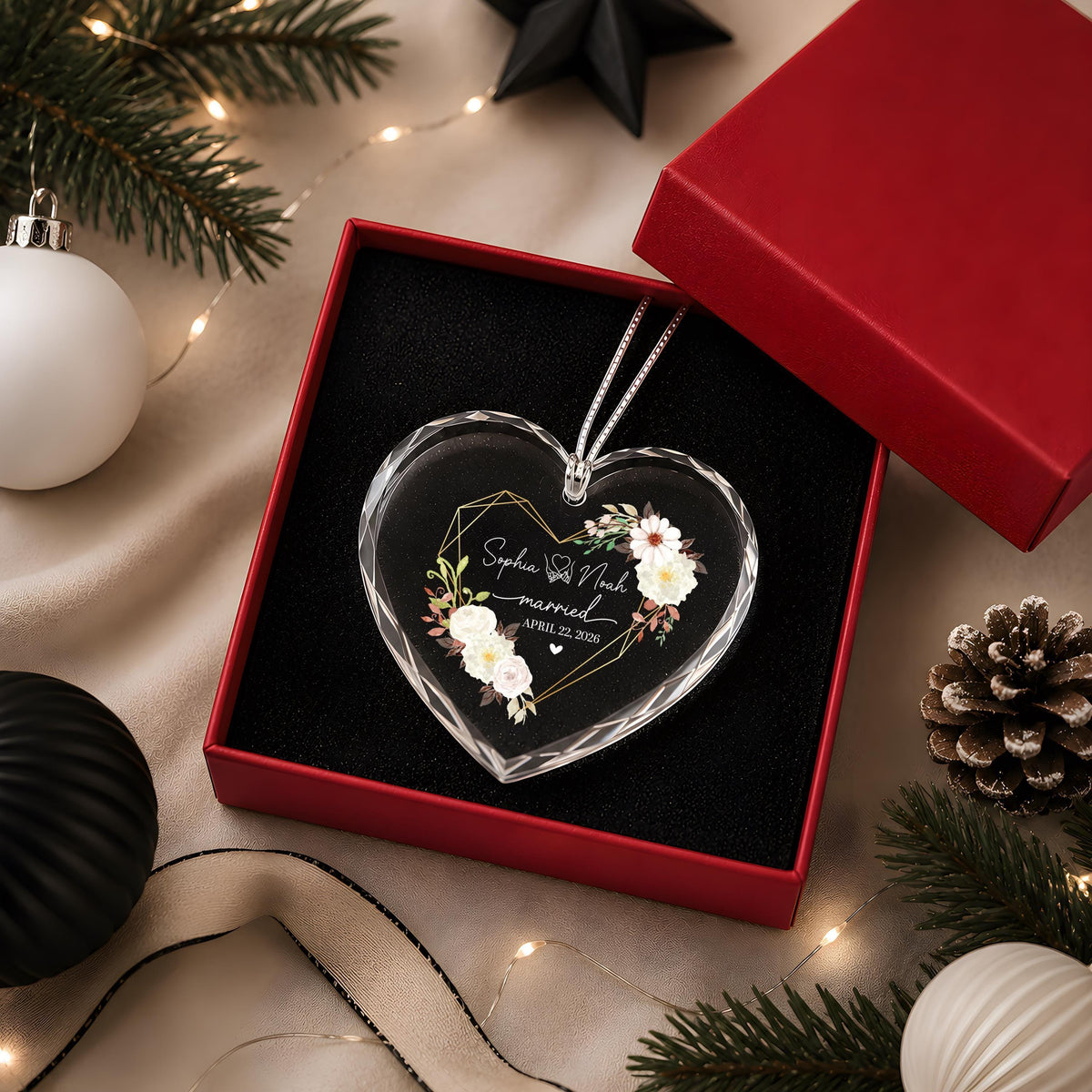 Personalized Floral Geometric Married Ornament, Custom Name Romantic Heart Glass Keepsake
