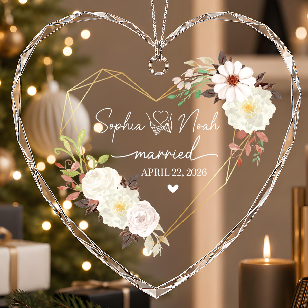 Personalized Floral Geometric Married Ornament, Custom Name Romantic Heart Glass Keepsake