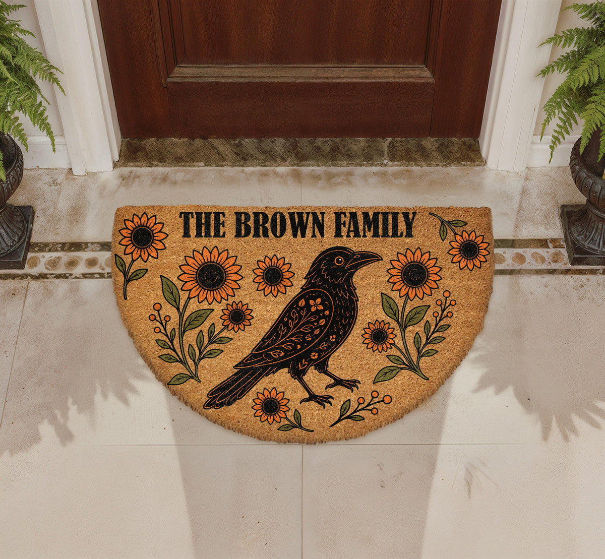 Personalized Raven Sunflower Doormat, Folk Art Crow Welcome Mat, Floral Family Name Entrance Decor