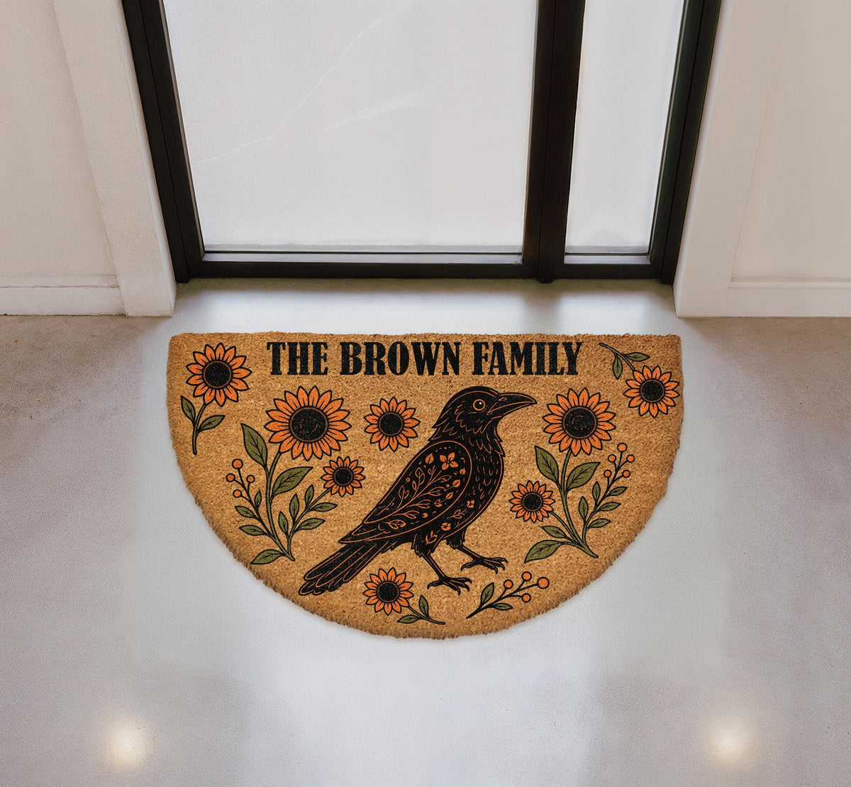 Personalized Raven Sunflower Doormat, Folk Art Crow Welcome Mat, Floral Family Name Entrance Decor