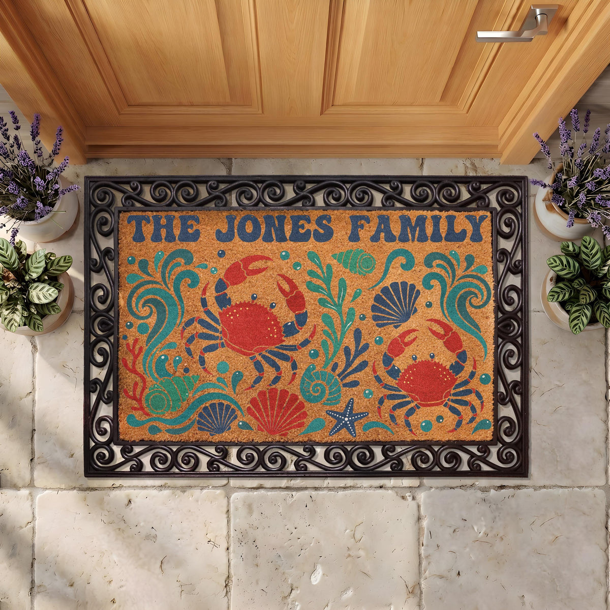 Personalized Coastal Crab Doormat, Nautical Beach House Welcome Mat