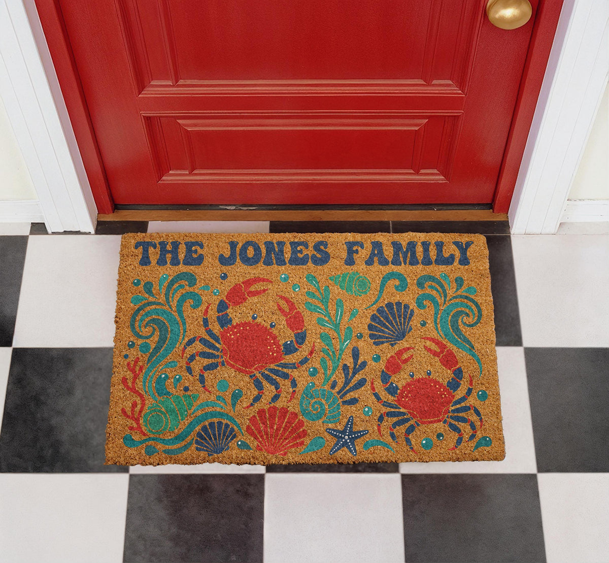 Personalized Coastal Crab Doormat, Nautical Beach House Welcome Mat