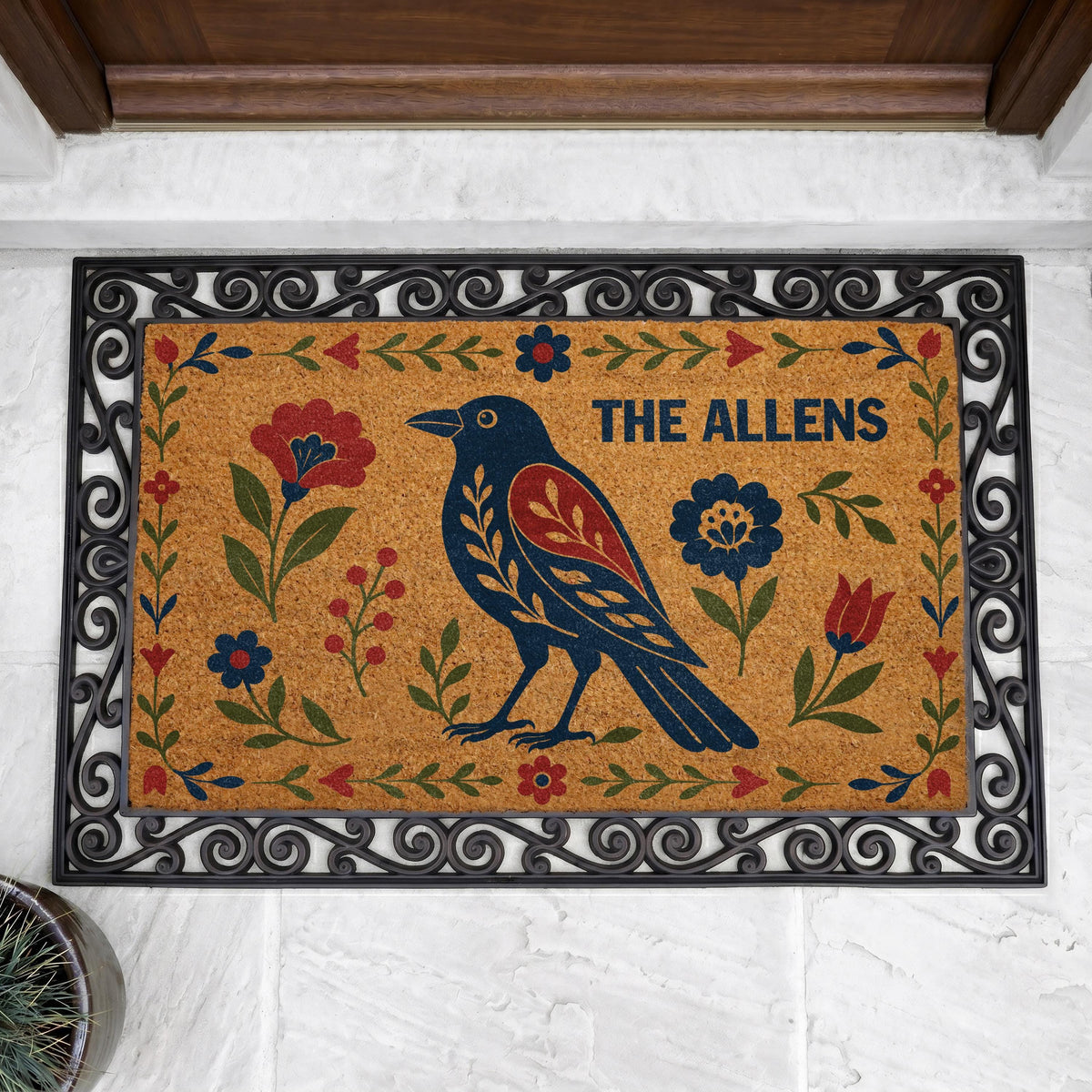 Personalized Folk Art Raven Doormat, Scandinavian Floral Welcome Mat, Boho Porch Decor