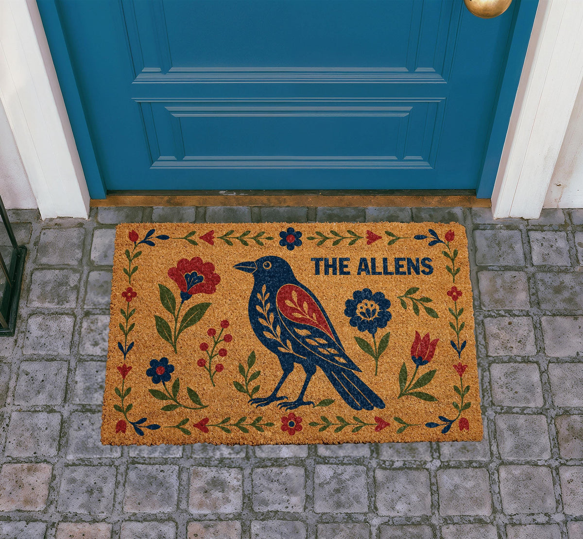 Personalized Folk Art Raven Doormat, Scandinavian Floral Welcome Mat, Boho Porch Decor