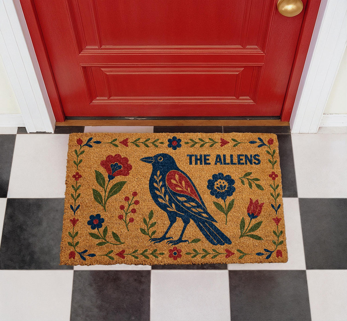 Personalized Folk Art Raven Doormat, Scandinavian Floral Welcome Mat, Boho Porch Decor