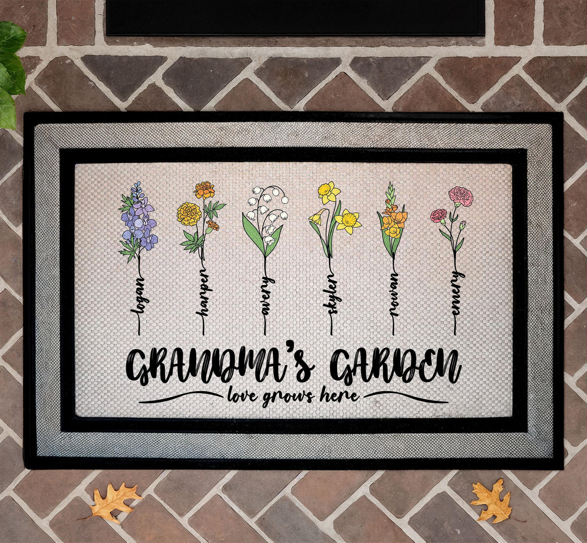 Custom Grandma's Garden Doormat, Personalized Grandkids Name Mat, Birth Month Flower Coir Rug