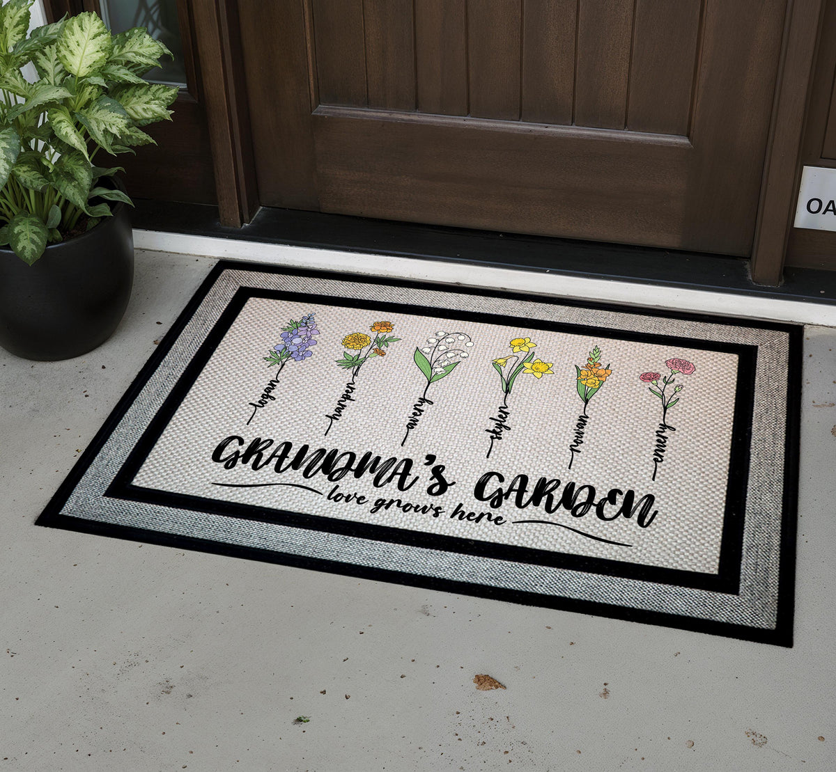Custom Grandma's Garden Doormat, Personalized Grandkids Name Mat, Birth Month Flower Coir Rug