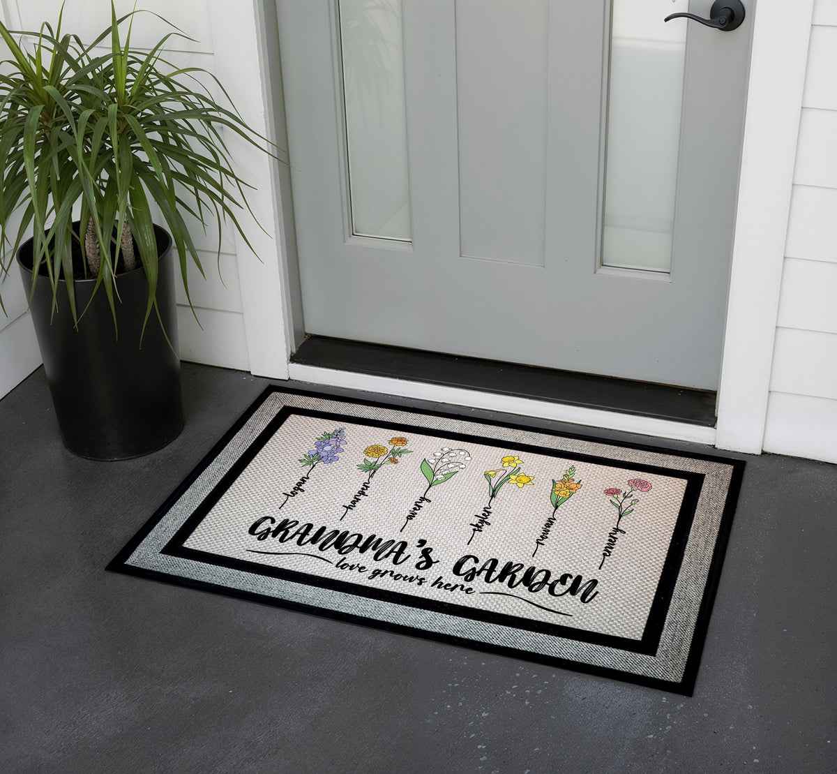 Custom Grandma's Garden Doormat, Personalized Grandkids Name Mat, Birth Month Flower Coir Rug