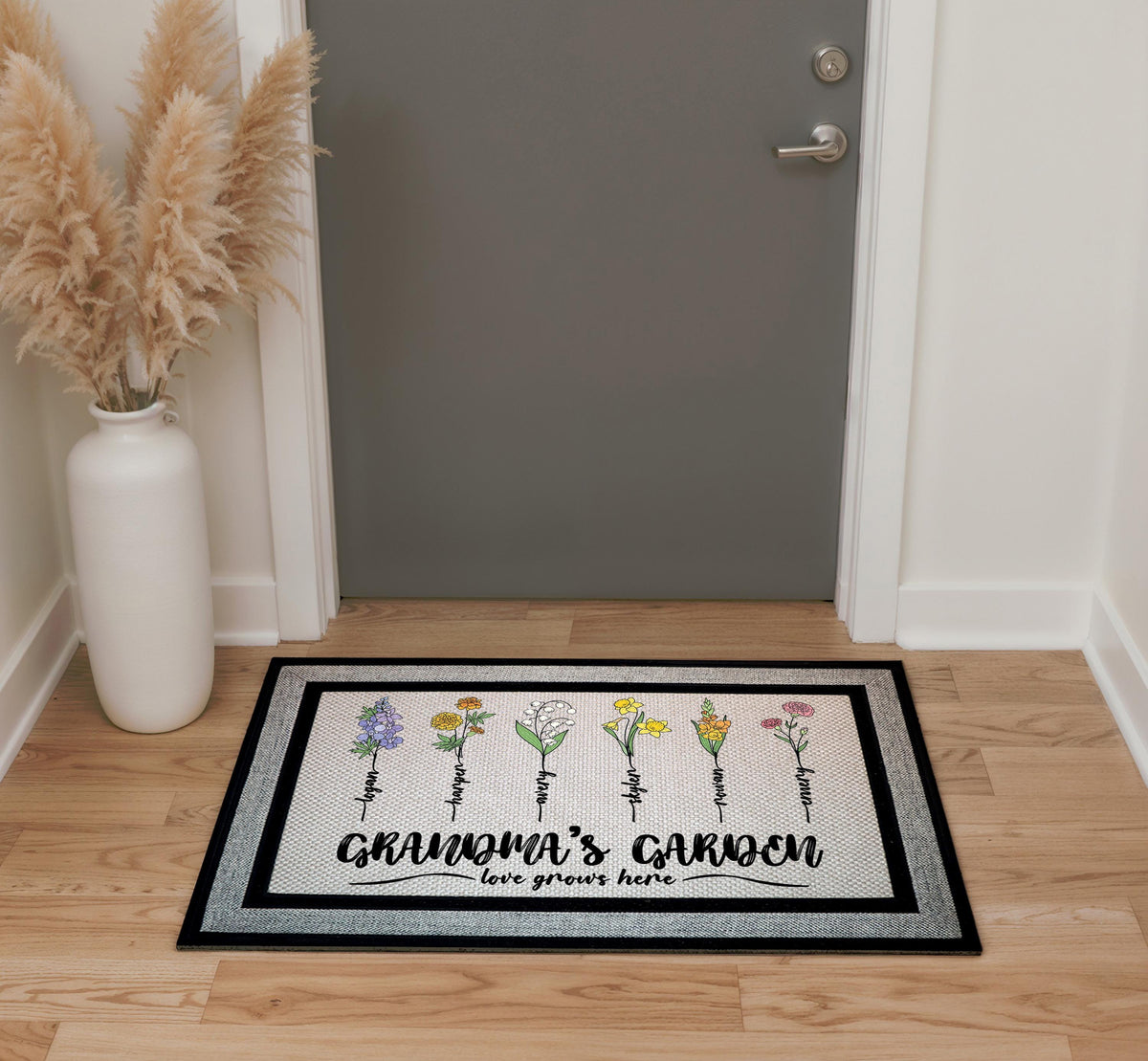Custom Grandma's Garden Doormat, Personalized Grandkids Name Mat, Birth Month Flower Coir Rug