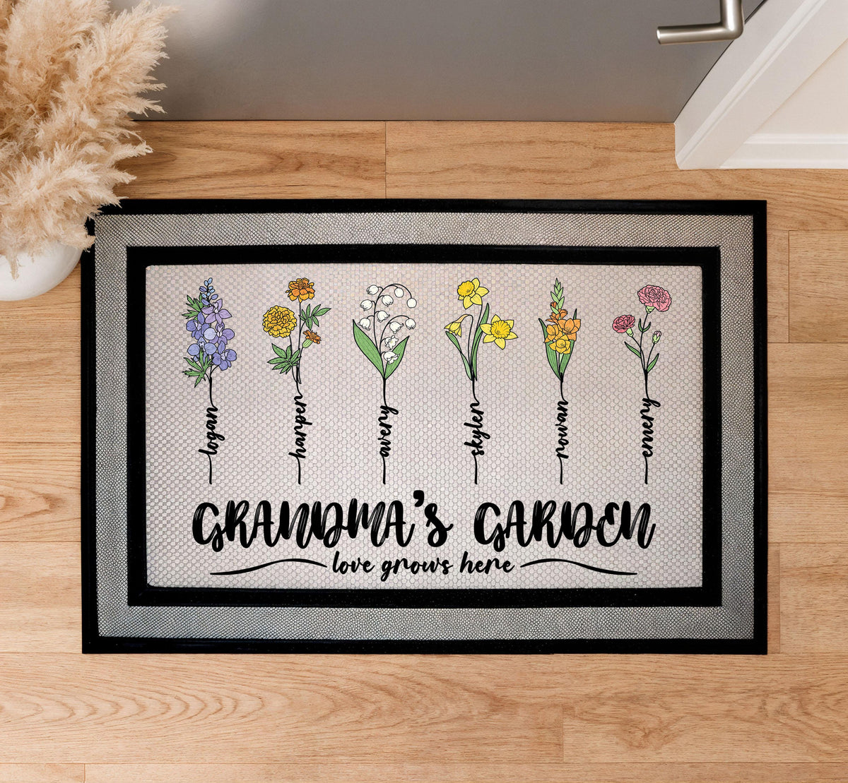 Custom Grandma's Garden Doormat, Personalized Grandkids Name Mat, Birth Month Flower Coir Rug