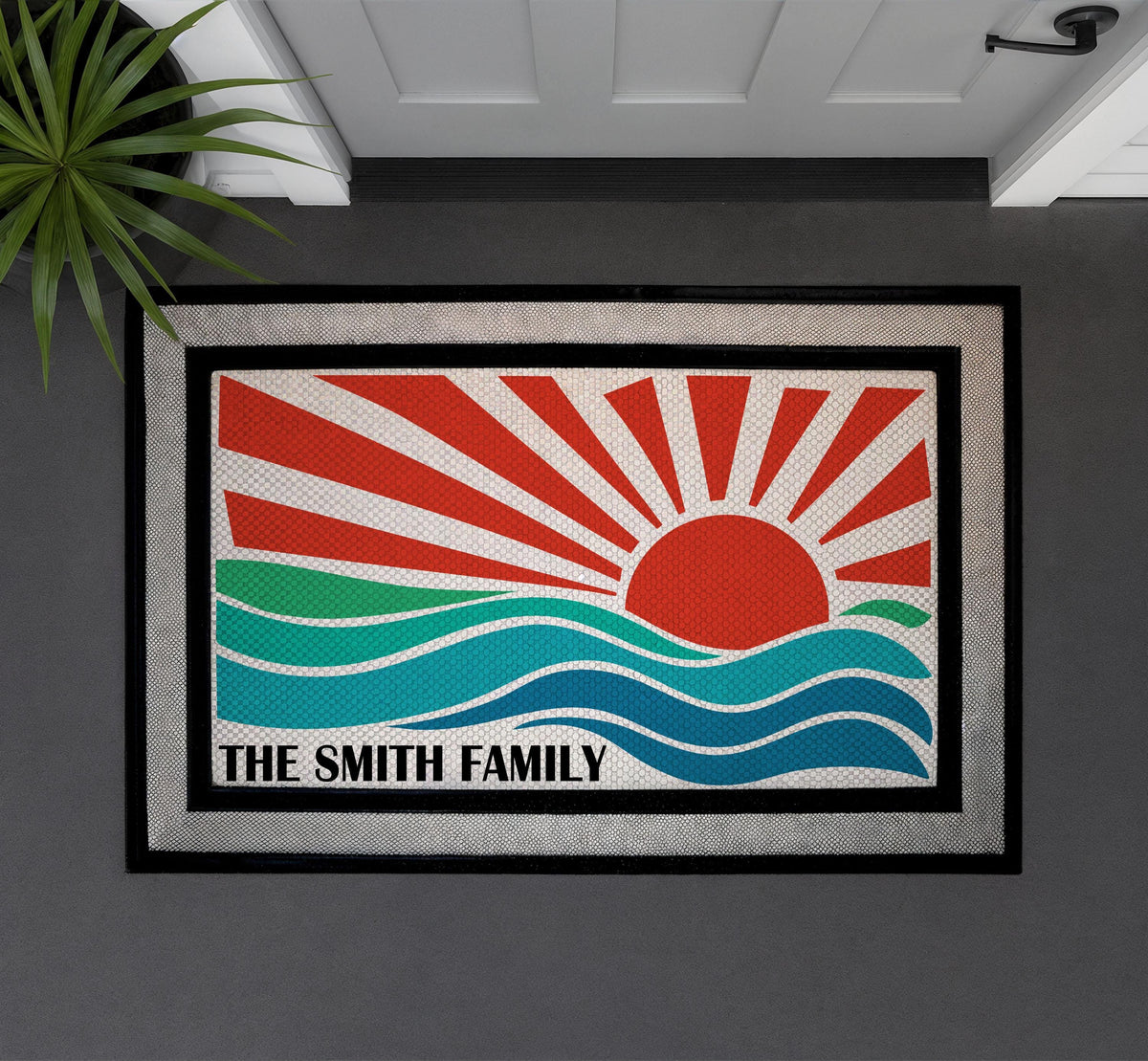 Personalized Sunset Wave Doormat, Coastal Family Welcome Mat, Beach House Decor