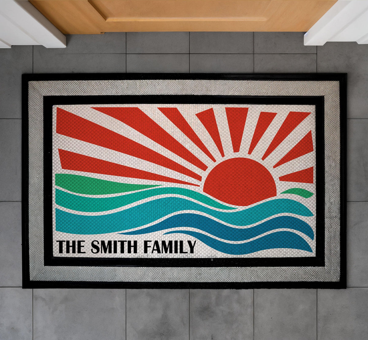 Personalized Sunset Wave Doormat, Coastal Family Welcome Mat, Beach House Decor