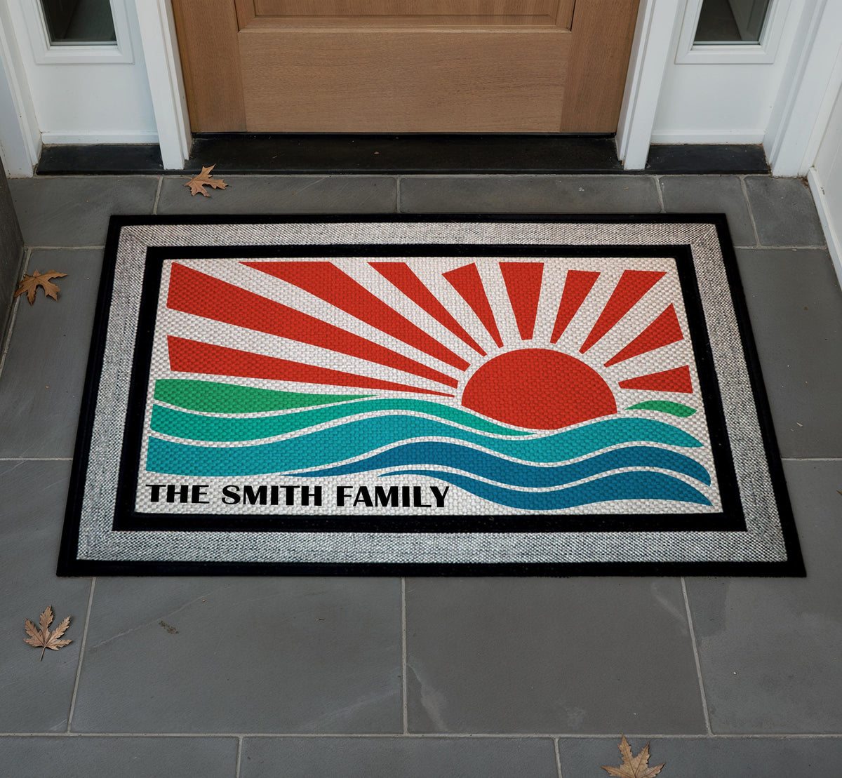 Personalized Sunset Wave Doormat, Coastal Family Welcome Mat, Beach House Decor