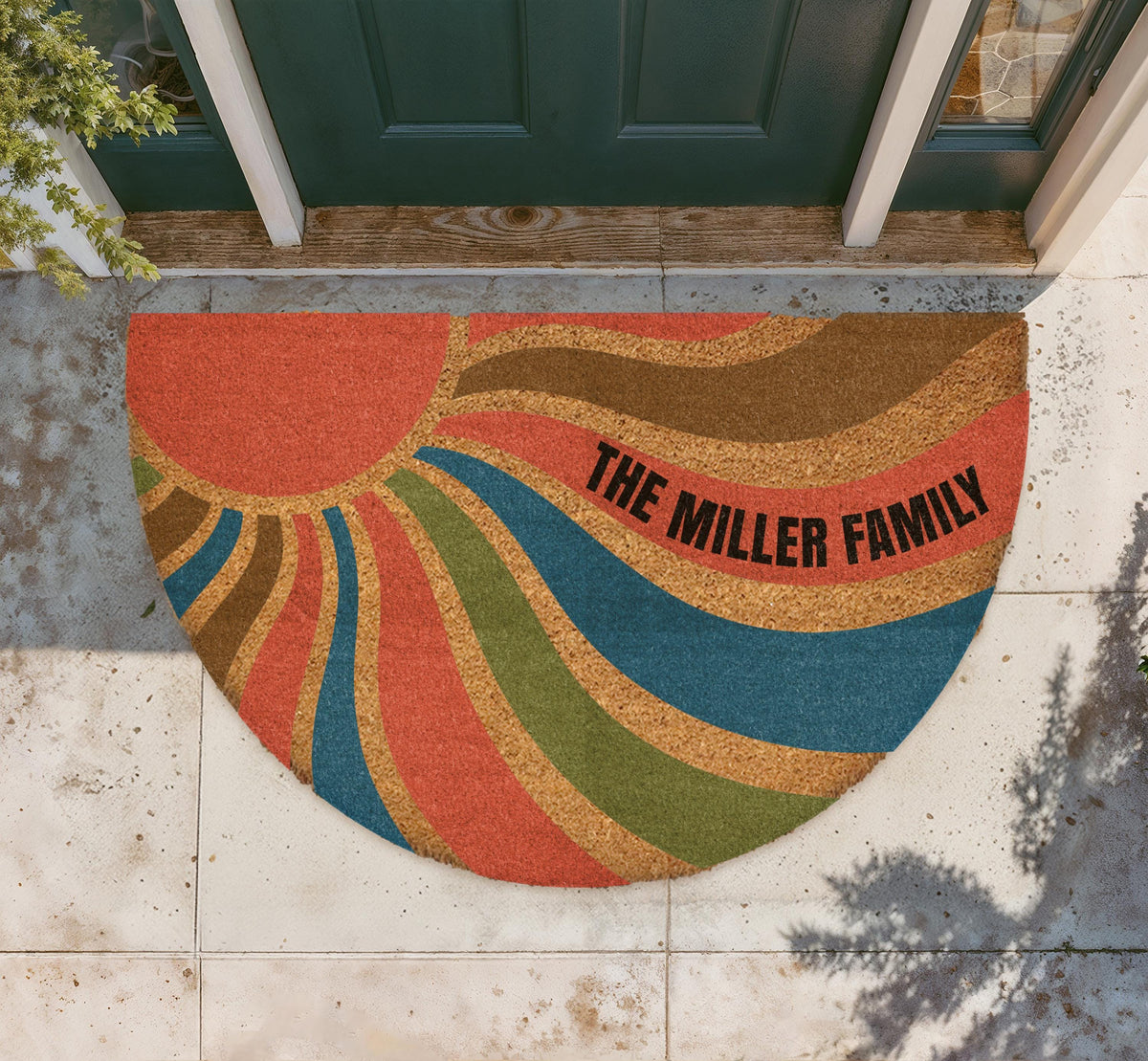 Custom Retro Sunburst Doormat, Boho Mid Century Welcome Mat, Personalized Family Name Porch Decor