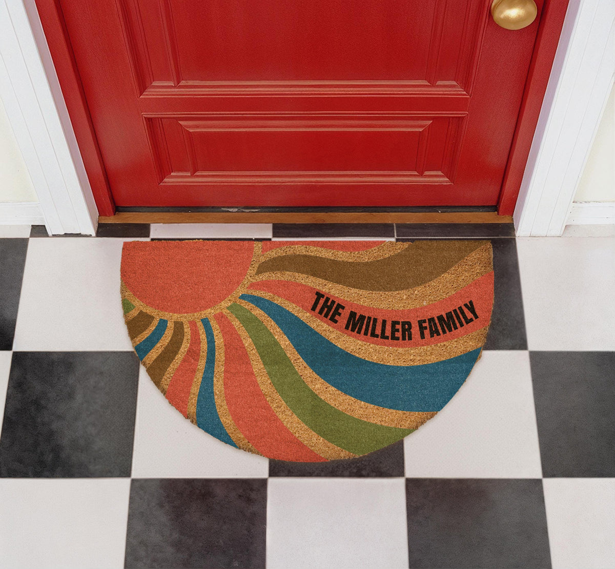 Custom Retro Sunburst Doormat, Boho Mid Century Welcome Mat, Personalized Family Name Porch Decor